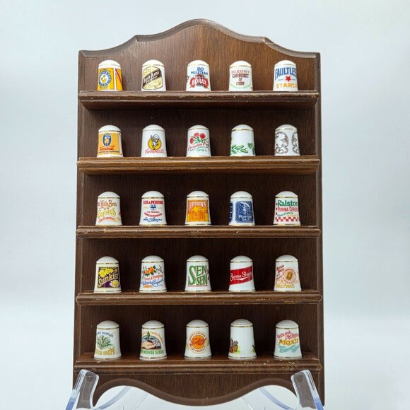 Country Store Advertising Thimbles Set of 25 and Info Cards W/ Wood Display Rack - Picture 2 of 16